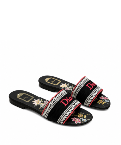 Dior Dway Slide Embroidered Canvas Black Floral Motif