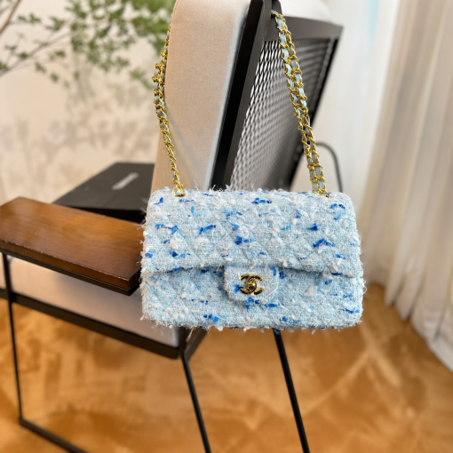 Chanel Medium Classic Double Flap Bag Light Blue Tweed - Image 9