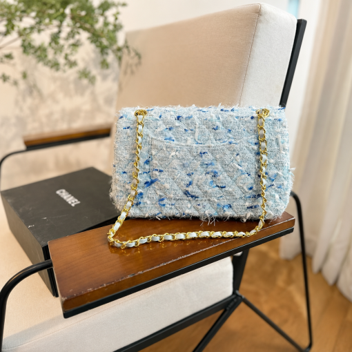 Chanel Medium Classic Double Flap Bag Light Blue Tweed - Image 7