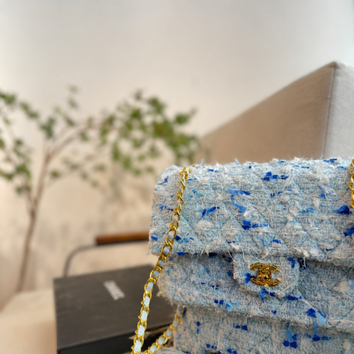 Chanel Medium Classic Double Flap Bag Light Blue Tweed - Image 6