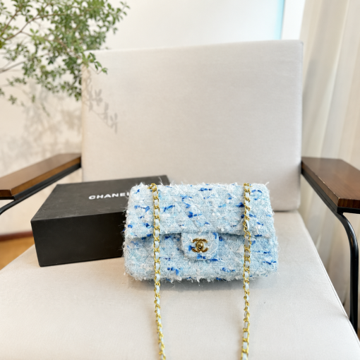 Chanel Medium Classic Double Flap Bag Light Blue Tweed - Image 5