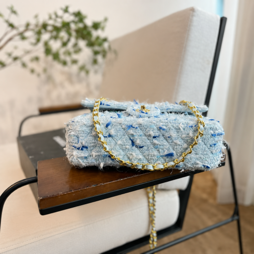Chanel Medium Classic Double Flap Bag Light Blue Tweed - Image 4
