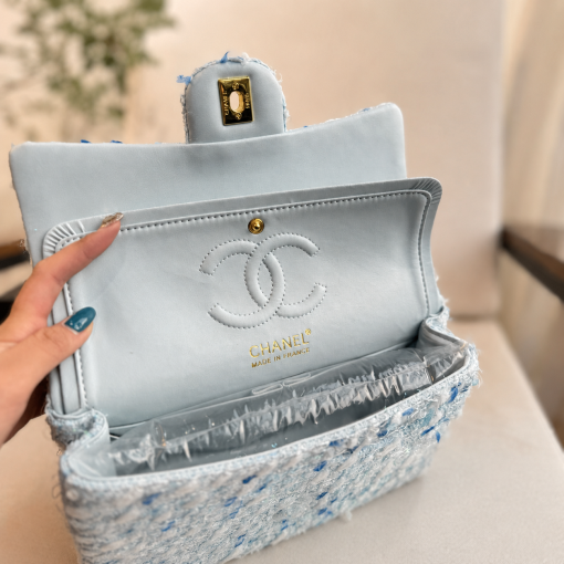 Chanel Medium Classic Double Flap Bag Light Blue Tweed - Image 3