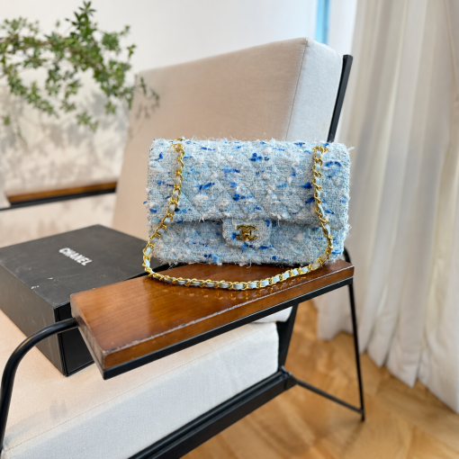 Chanel Medium Classic Double Flap Bag Light Blue Tweed - Image 2