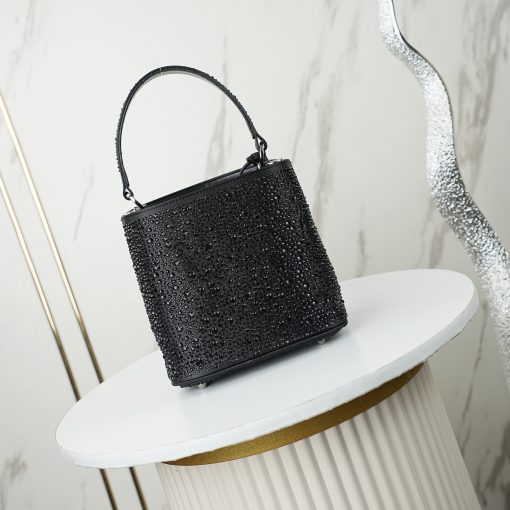 Prada Panier Crystal-Embellished Satin Mini Bucket Bag Black - Image 9