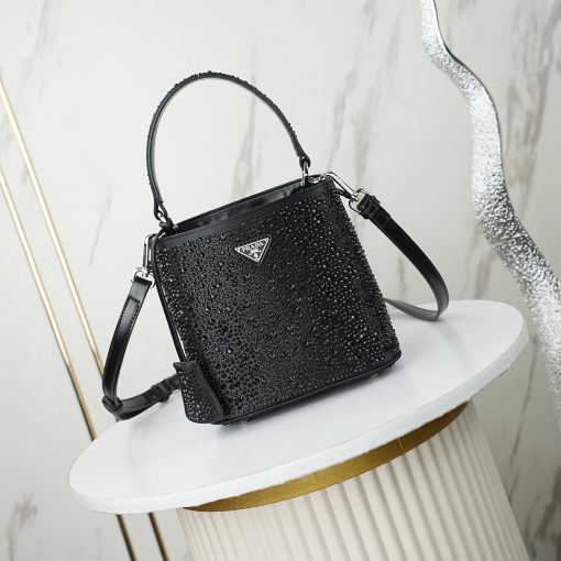 Prada Panier Crystal-Embellished Satin Mini Bucket Bag Black - Image 7