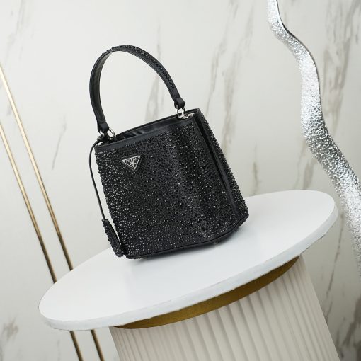 Prada Panier Crystal-Embellished Satin Mini Bucket Bag Black - Image 6