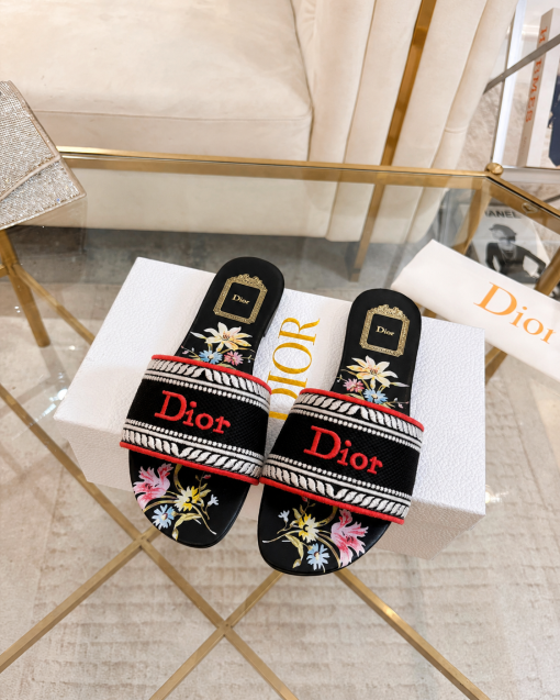 Dior Dway Slide Embroidered Canvas Black Floral Motif - Image 6