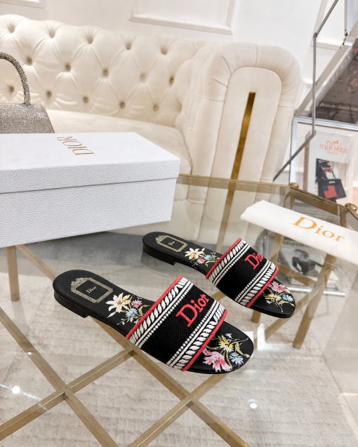 Dior Dway Slide Embroidered Canvas Black Floral Motif - Image 3