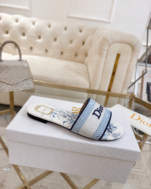 Dior Dway Slide Embroidered Canvas Blue and White Floral Motif - Image 6
