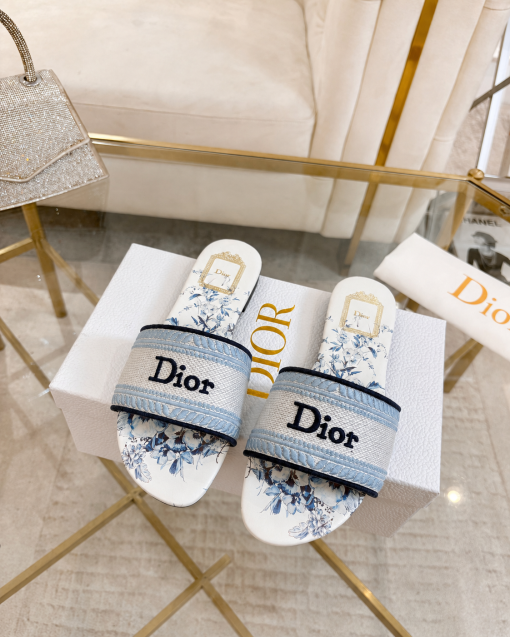 Dior Dway Slide Embroidered Canvas Blue and White Floral Motif - Image 5