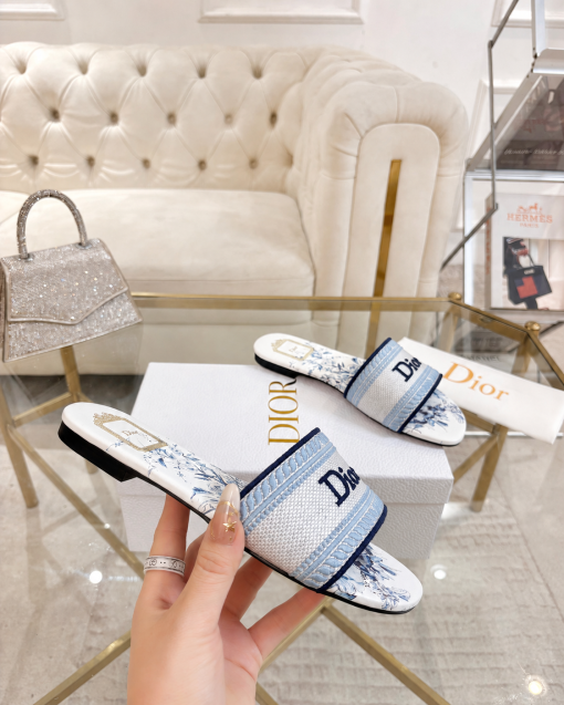 Dior Dway Slide Embroidered Canvas Blue and White Floral Motif - Image 2