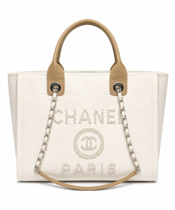 Chanel Canvas Pearl Large Deauville Tote Ecru Beige