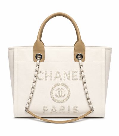 Chanel Canvas Pearl Large Deauville Tote Ecru Beige