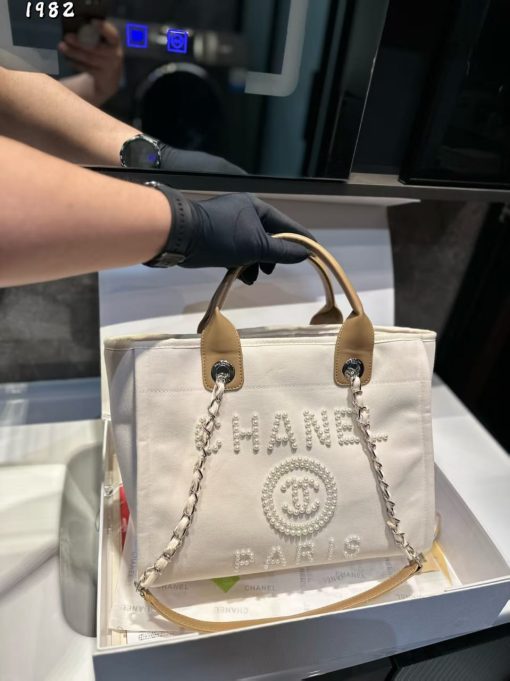 Chanel Canvas Pearl Large Deauville Tote Ecru Beige - Image 2