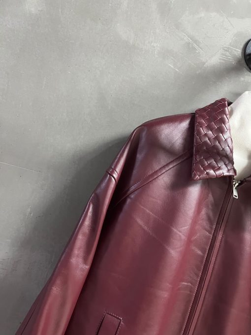 Bottega Veneta Leather Bomber Jacket Intrecciato Collar - Burgundy - Image 8