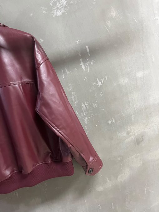 Bottega Veneta Leather Bomber Jacket Intrecciato Collar - Burgundy - Image 6