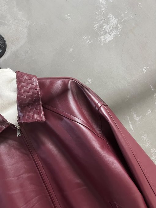Bottega Veneta Leather Bomber Jacket Intrecciato Collar - Burgundy - Image 4