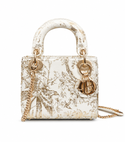 Dior Mini Lady Dior White Gold Toile de Jouy Embroidered