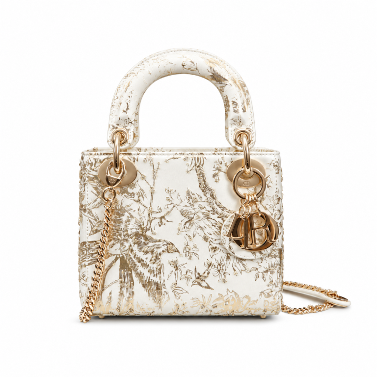 Dior Mini Lady Dior White Gold Toile de Jouy Embroidered