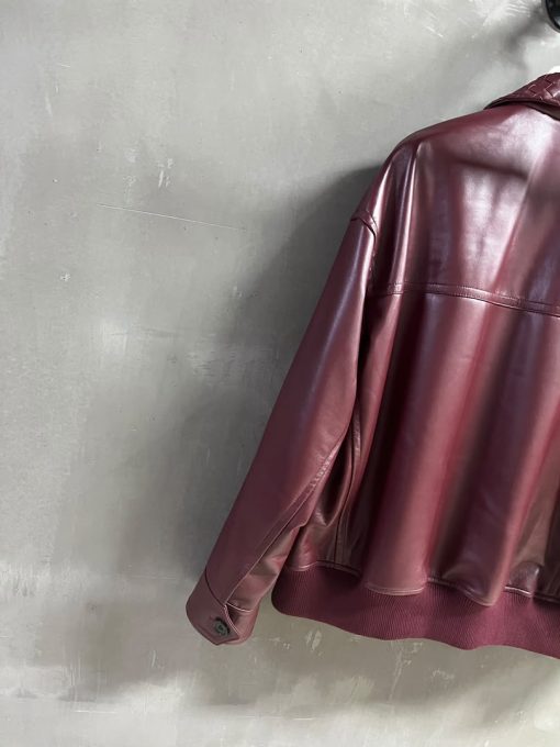 Bottega Veneta Leather Bomber Jacket Intrecciato Collar - Burgundy - Image 7