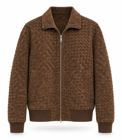 Bottega Veneta Intrecciato Woven Suede Bomber Jacket - Brown
