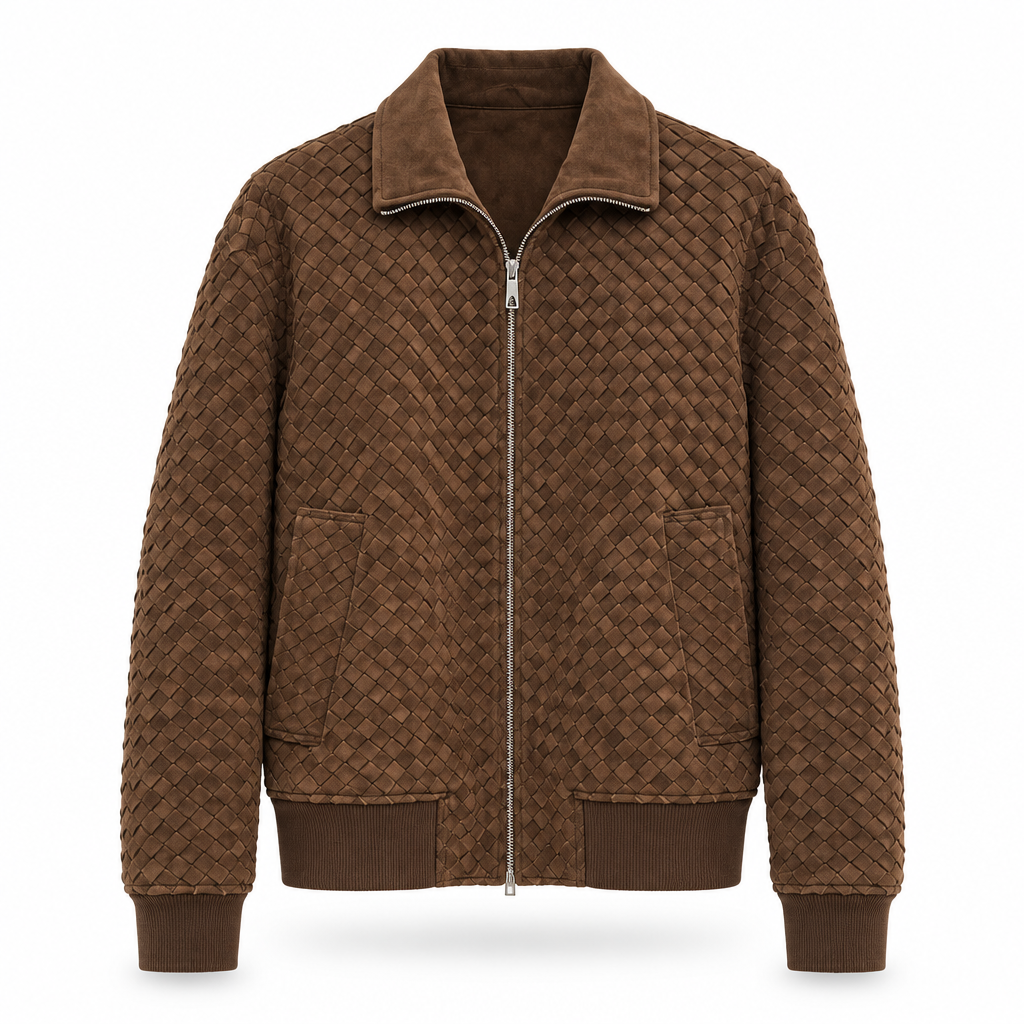 Bottega Veneta Intrecciato Woven Suede Bomber Jacket - Brown