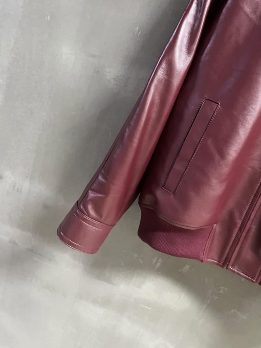 Bottega Veneta Leather Bomber Jacket Intrecciato Collar - Burgundy - Image 9