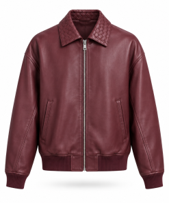 Bottega Veneta Leather Bomber Jacket Burgundy Front View