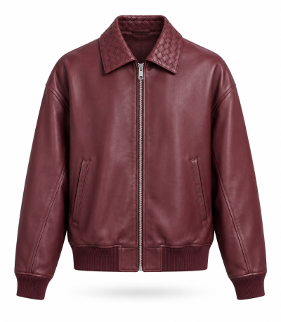 Bottega Veneta Leather Bomber Jacket Burgundy Front View
