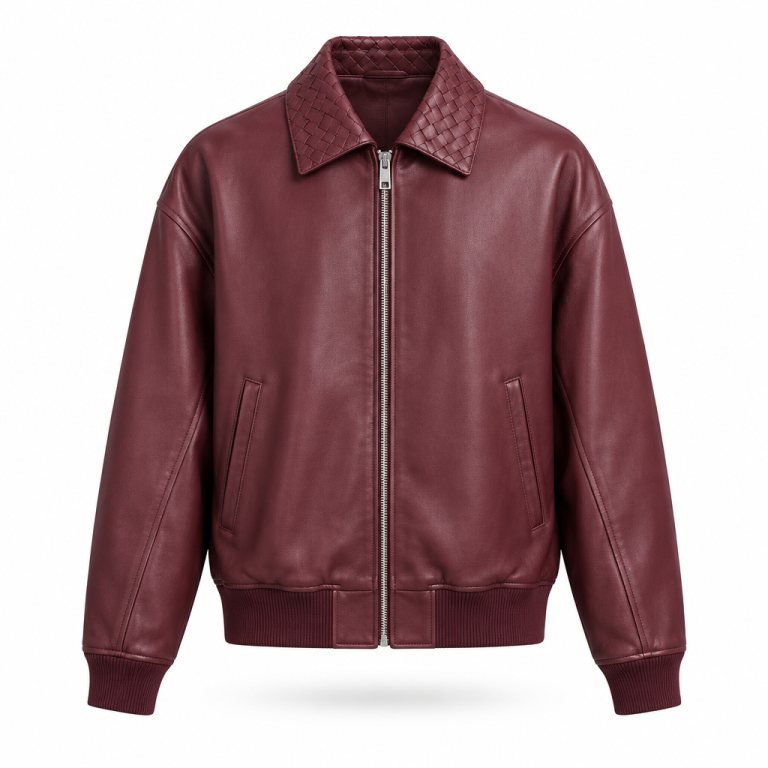 Bottega Veneta Leather Bomber Jacket Burgundy Front View