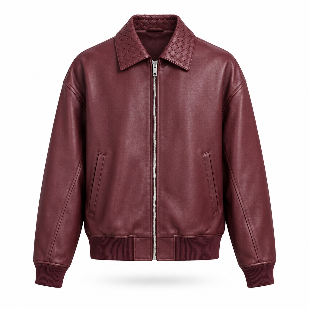 Bottega Veneta Leather Bomber Jacket Burgundy Front View