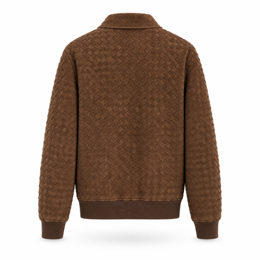 Bottega Veneta Intrecciato Woven Suede Bomber Jacket Brown Back View