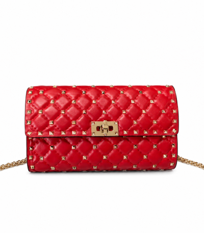Valentino Rockstud Spike Quilted Chain Bag Red