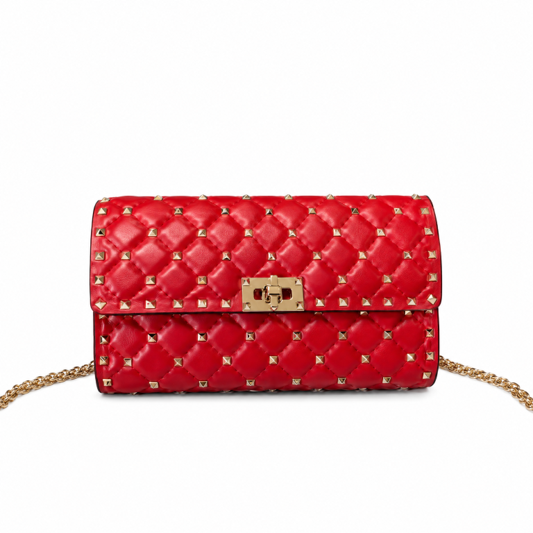 Valentino Rockstud Spike Quilted Chain Bag Red