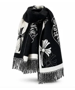 Chrome Hearts Cashmere Scarf Black White Floral Cross