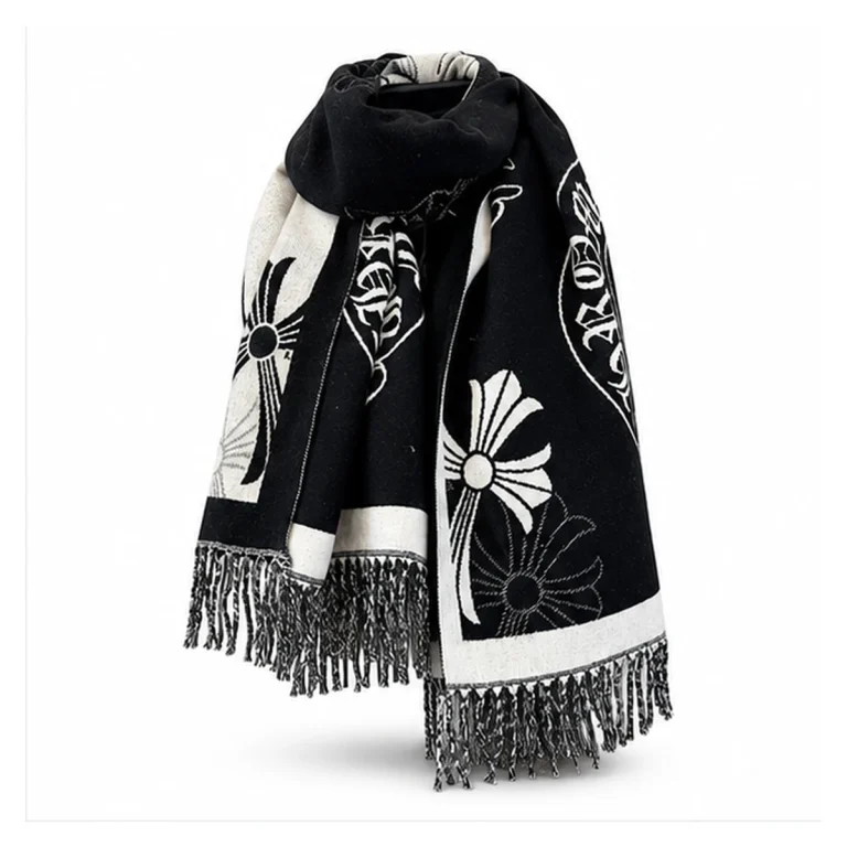 Chrome Hearts Cashmere Scarf Black White Floral Cross