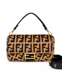 Fendi Baguette Medium Brown FF Shearling Fur Bag Gold Hardware
