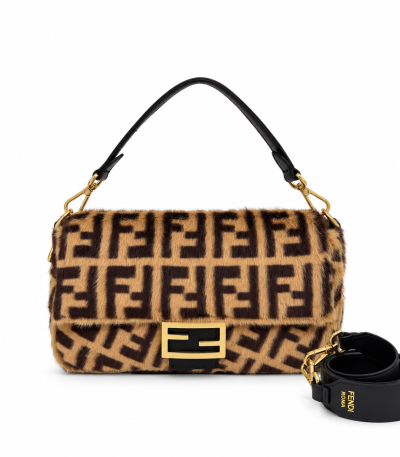Fendi Baguette Medium Brown FF Shearling Fur Bag Gold Hardware