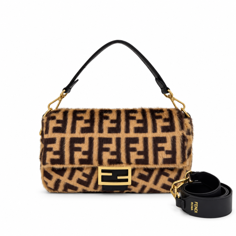 Fendi Baguette Medium Brown FF Shearling Fur Bag Gold Hardware