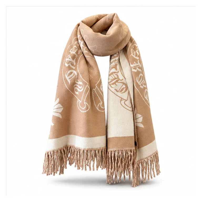 Chrome Hearts Cashmere Scarf Camel Floral Cross