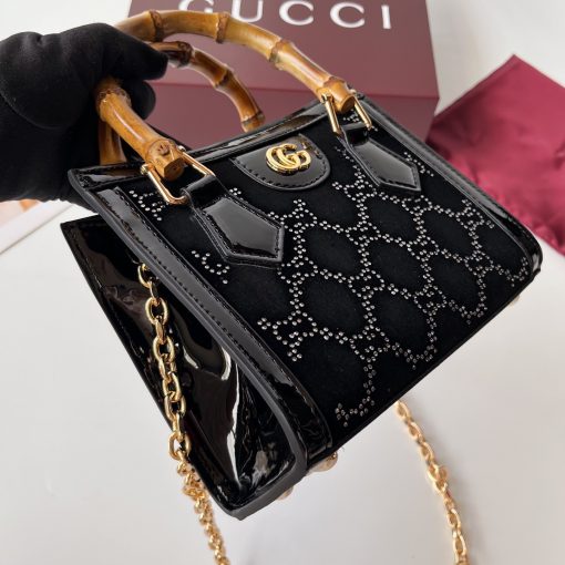 Gucci Diana Mini Tote Bag Black Patent Leather GG Crystal Embellishment - Image 3
