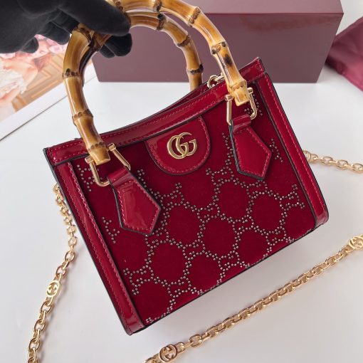 Gucci Diana Mini Tote Bag Red Patent Leather GG Crystal Embellishment - Image 3