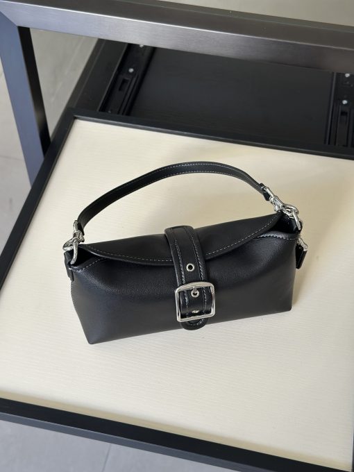 East-West Buckle Shoulder Bag Black Leather Silver Hardware - Image 2