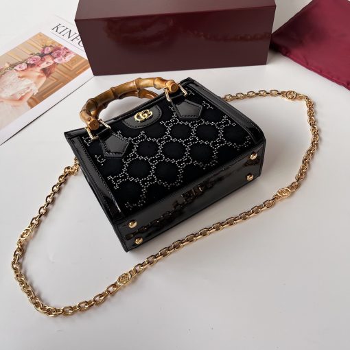 Gucci Diana Mini Tote Bag Black Patent Leather GG Crystal Embellishment - Image 4