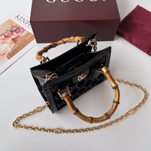 Gucci Diana Mini Tote Bag Black Patent Leather GG Crystal Embellishment - Image 7