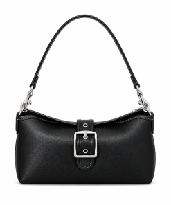 East-West Buckle Shoulder Bag Black Leather Silver Hardware