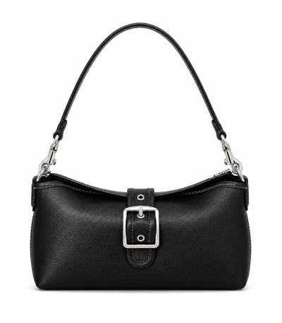 East-West Buckle Shoulder Bag Black Leather Silver Hardware