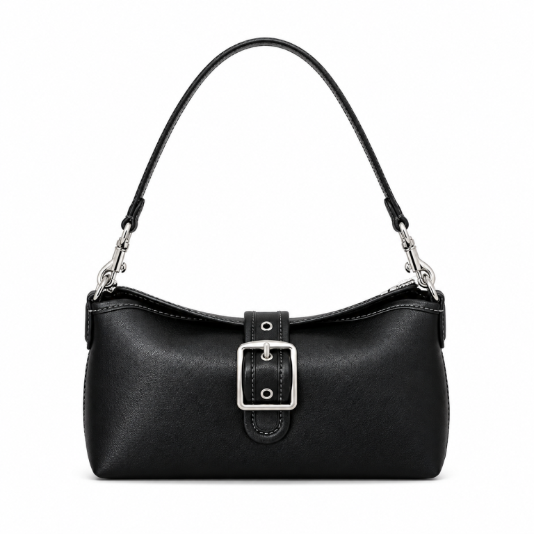 East-West Buckle Shoulder Bag Black Leather Silver Hardware