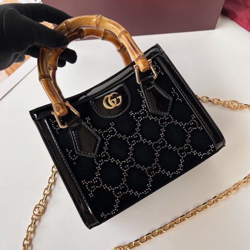 Gucci Diana Mini Tote Bag Black Patent Leather GG Crystal Embellishment - Image 6